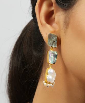 Lustrous green contemporary abalone baroque pearl earrings 2