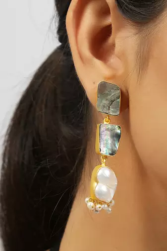 Lustrous green contemporary abalone baroque pearl earrings