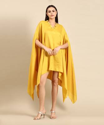 Yellow slub silk kaftan dress 1