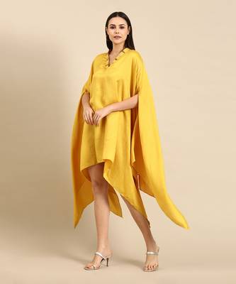 Yellow slub silk kaftan dress 2