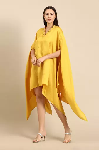 Yellow slub silk kaftan dress