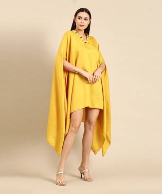 Yellow slub silk kaftan dress 3