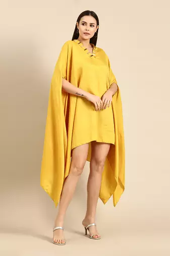 Yellow slub silk kaftan dress