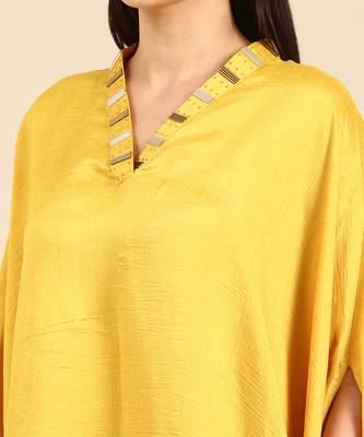 Yellow slub silk kaftan dress 5