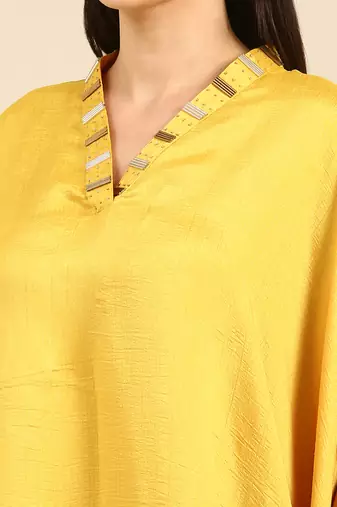 Yellow slub silk kaftan dress