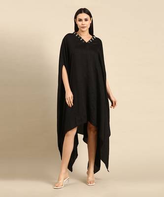 Black slub silk kaftan dress 1