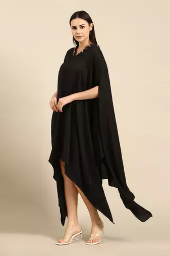 Black slub silk kaftan dress