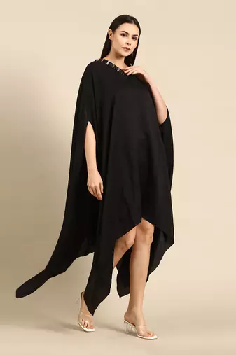 Black slub silk kaftan dress