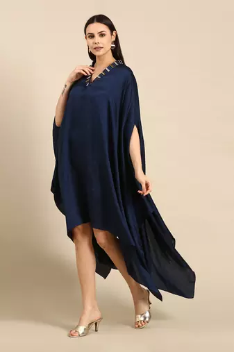 Blue slub silk kaftan dress
