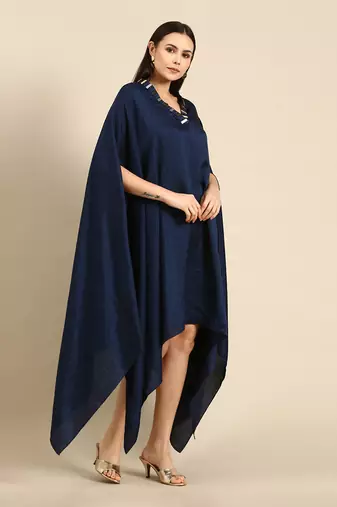 Blue slub silk kaftan dress