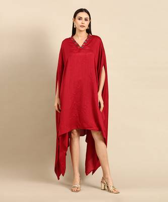 Red slub silk kaftan dress 1