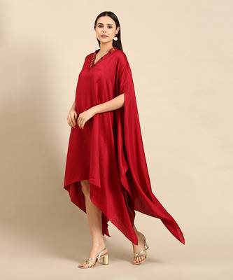 Red slub silk kaftan dress 2