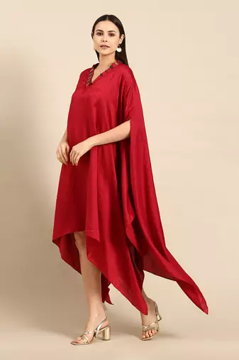 Red slub silk kaftan dress