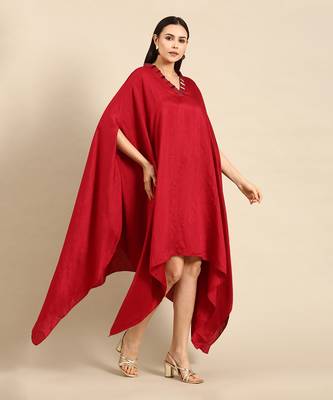 Red slub silk kaftan dress 3