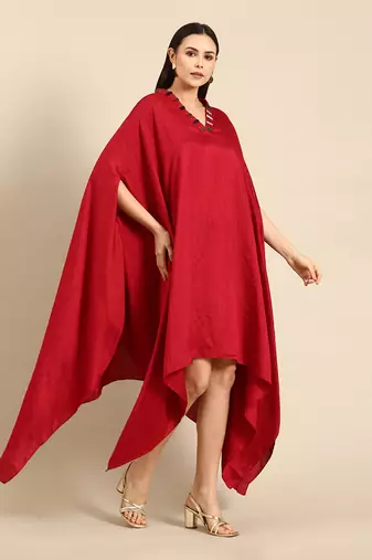 Red slub silk kaftan dress