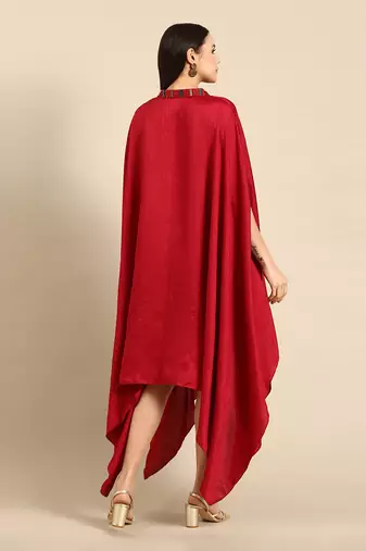 Red slub silk kaftan dress