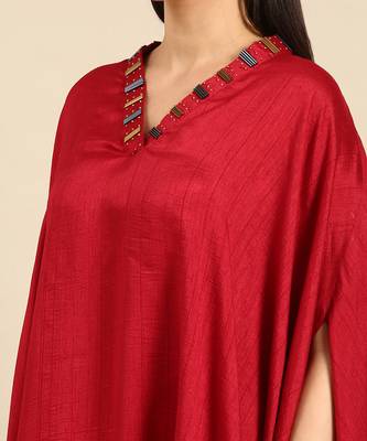 Red slub silk kaftan dress 5