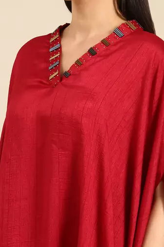 Red slub silk kaftan dress