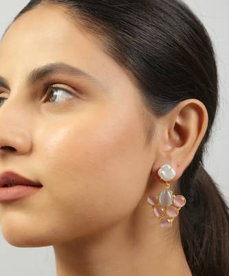 Grey pink monalisa stone & fresh water pearl earrings 1