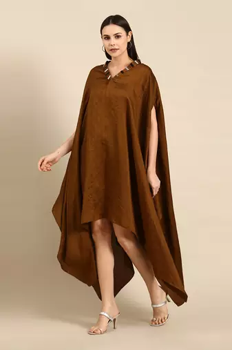Brown slub silk kaftan dress