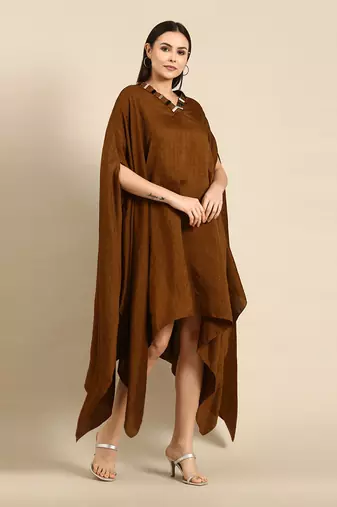 Brown slub silk kaftan dress
