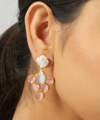 Grey pink monalisa stone & fresh water pearl earrings 2