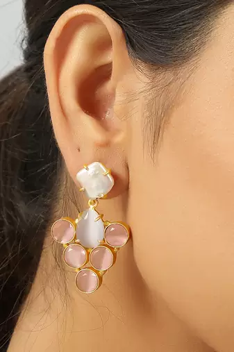 Grey pink monalisa stone & fresh water pearl earrings