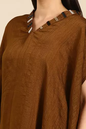 Brown slub silk kaftan dress