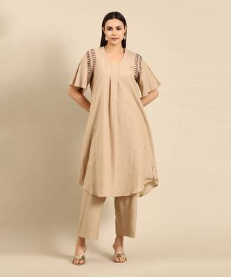 Beige cotton embroidered co ord set 1