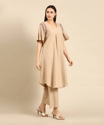 Beige cotton embroidered co ord set 2