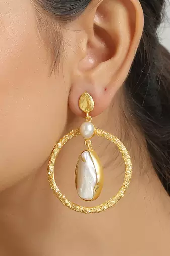 Golden baroque pearl contemporary earrings