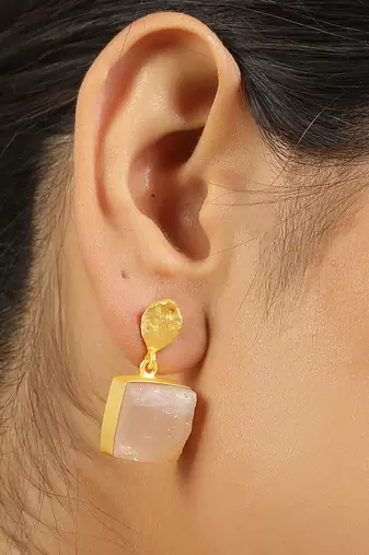 Pink rose quartz gold plated earrings