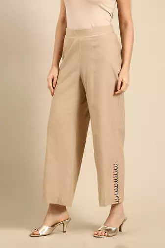 Beige cotton embroidered pant
