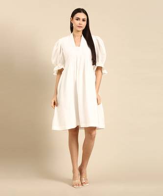 Ivory cotton silk empirical v neck dress 1