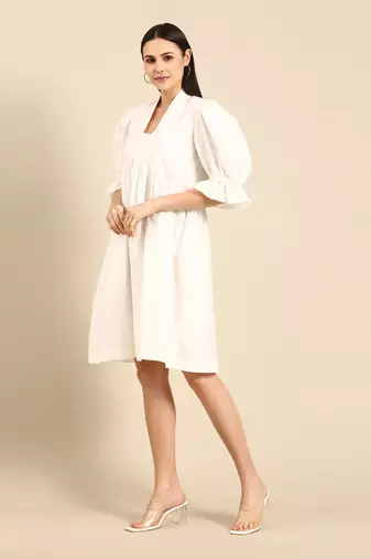 Ivory cotton silk empirical v neck dress