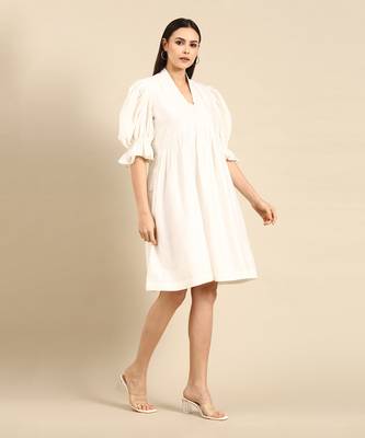 Ivory cotton silk empirical v neck dress 3