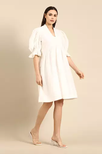 Ivory cotton silk empirical v neck dress
