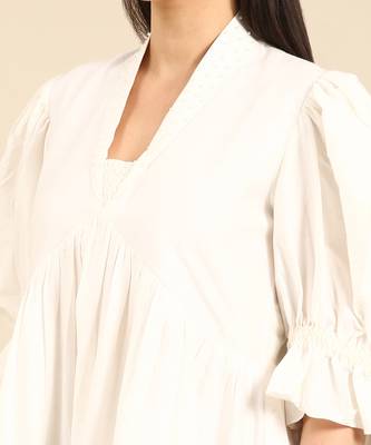 Ivory cotton silk empirical v neck dress 5