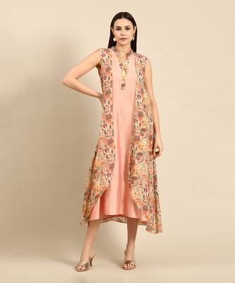 Pink printed linen satin flap dress 1