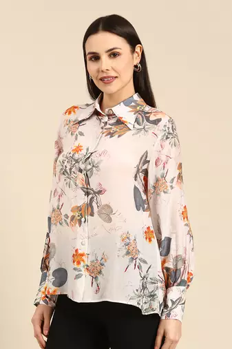 Off white floral printed muslin shirt