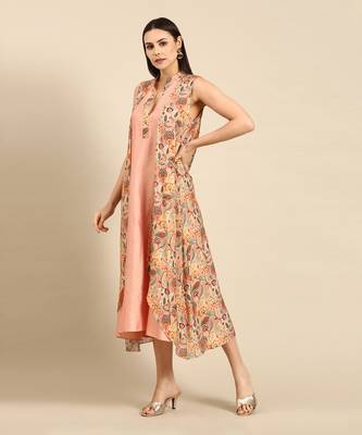 Pink printed linen satin flap dress 2