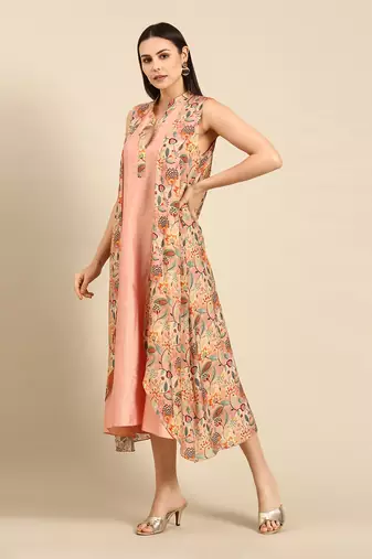 Pink printed linen satin flap dress