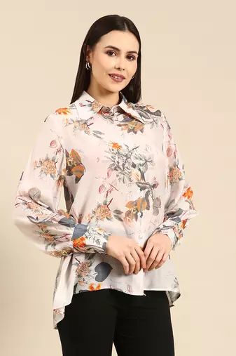 Off white floral printed muslin shirt