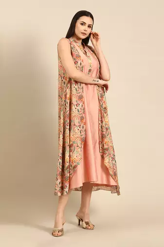 Pink printed linen satin flap dress