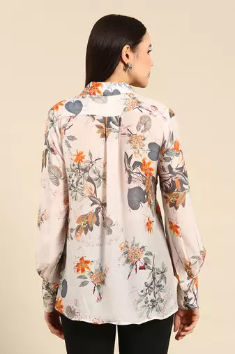 Off white floral printed muslin shirt
