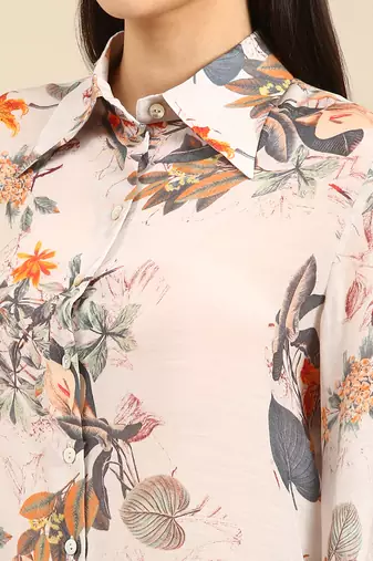 Off white floral printed muslin shirt