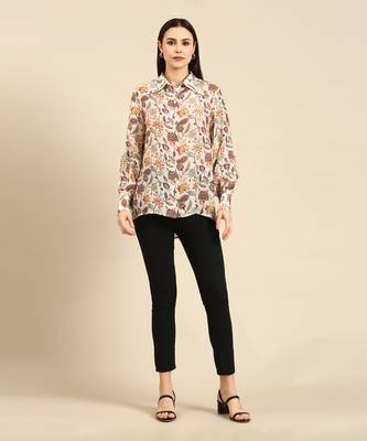 Cream floral printed muslin shirt 1