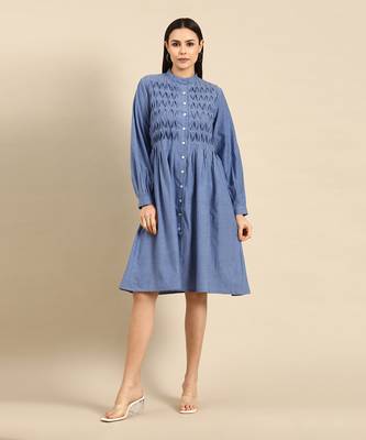 Denim blue cotton smocked dress 1