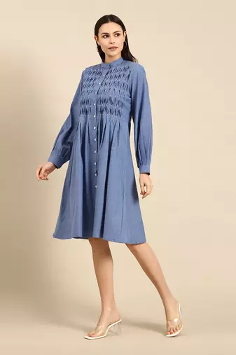 Denim blue cotton smocked dress