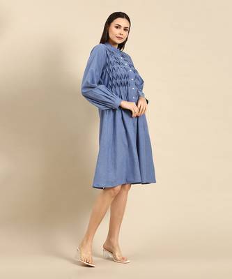 Denim blue cotton smocked dress 3